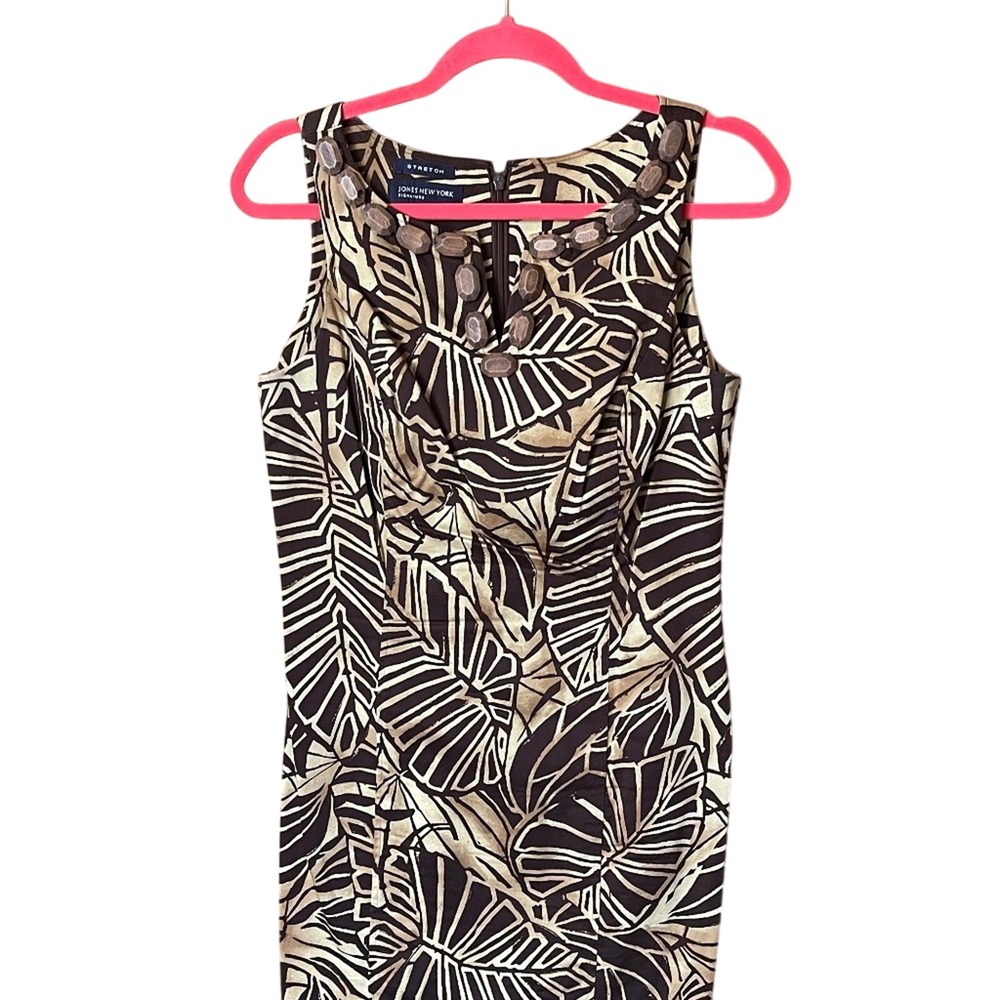 Jones New York Signature Women's Brown Tan Leaf Print‎ Sleeveless Dress Size 8